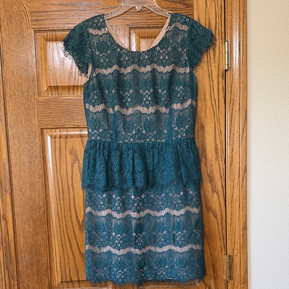 Maeve Teal Lace Sheath Dress with Peplum Detail